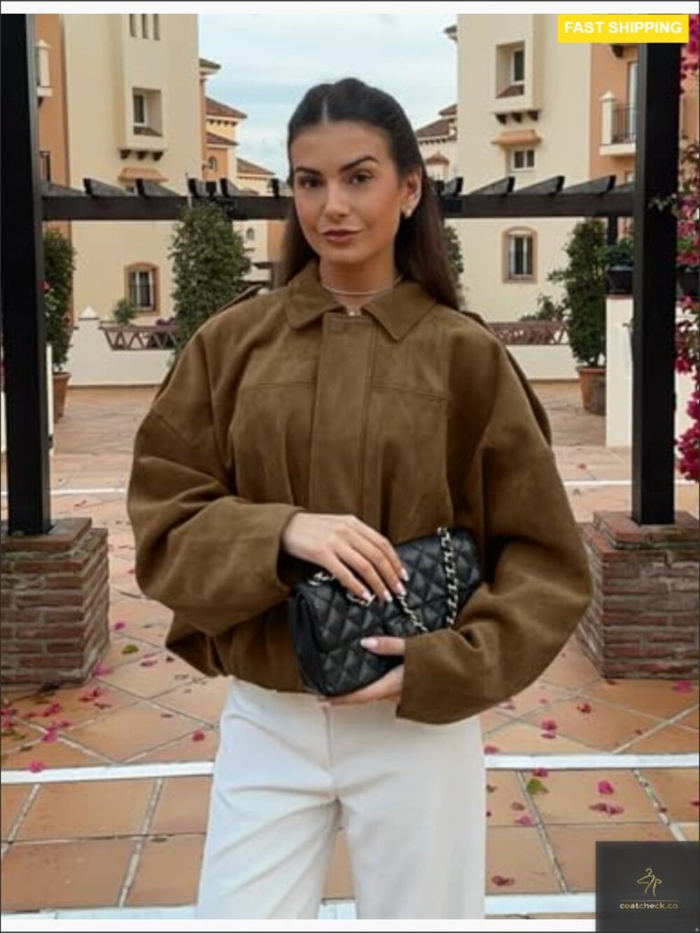 Oversized Faux Suede Bomber Jacket Cropped Batwing Long Sleeve Zip Up - Picture 2 of 7
